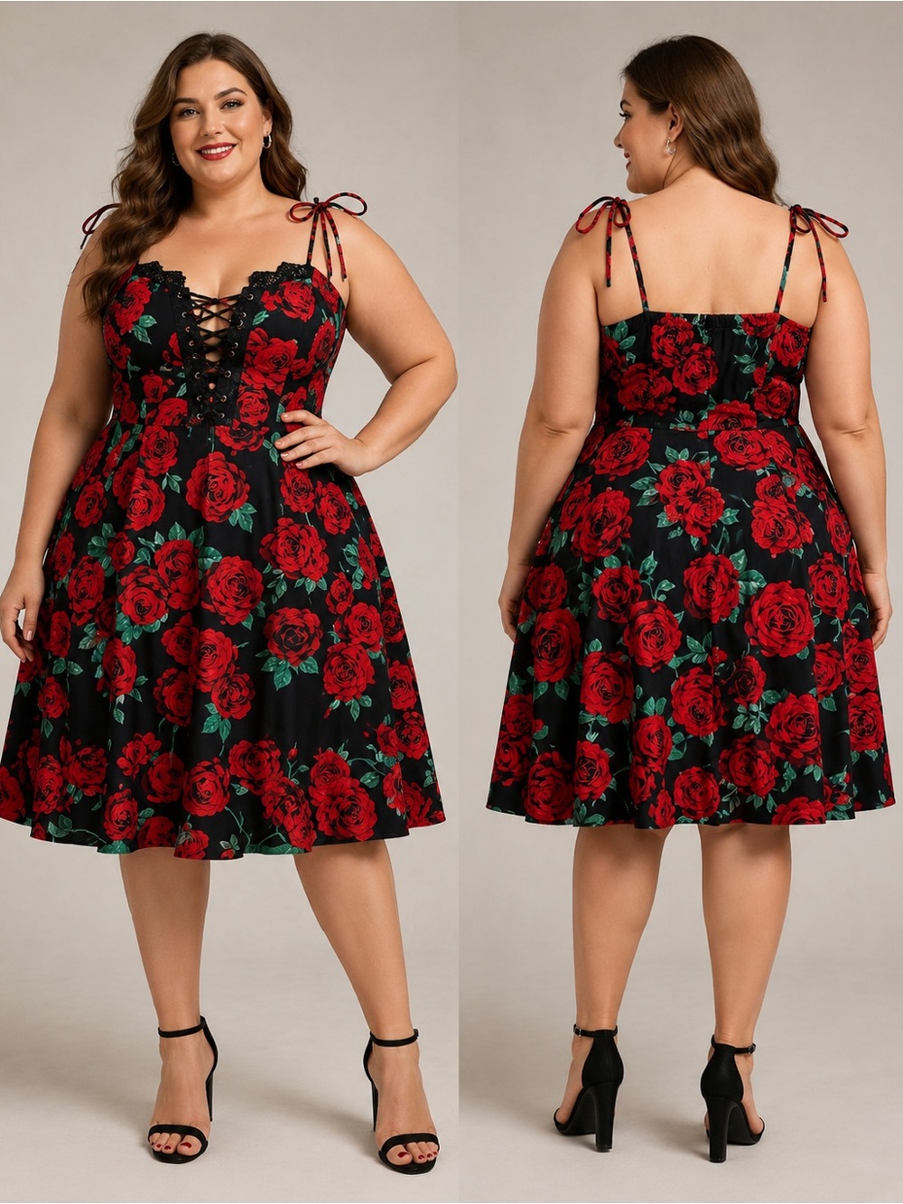 Plus Size 3X Black Red Rose Floral Lace Up Corset Midi Dress Gothic Romantic